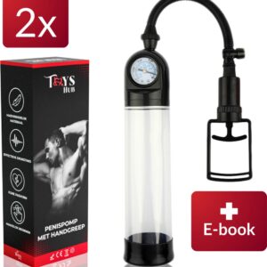 Toys Hub® DUO PACK Penispomp met Handgreep - 2 Penisringen & Gratis Ebook - Trekmechanisme - Penis Vergroter - Barometer Display - Sex Toys voor Mannen - 20CM