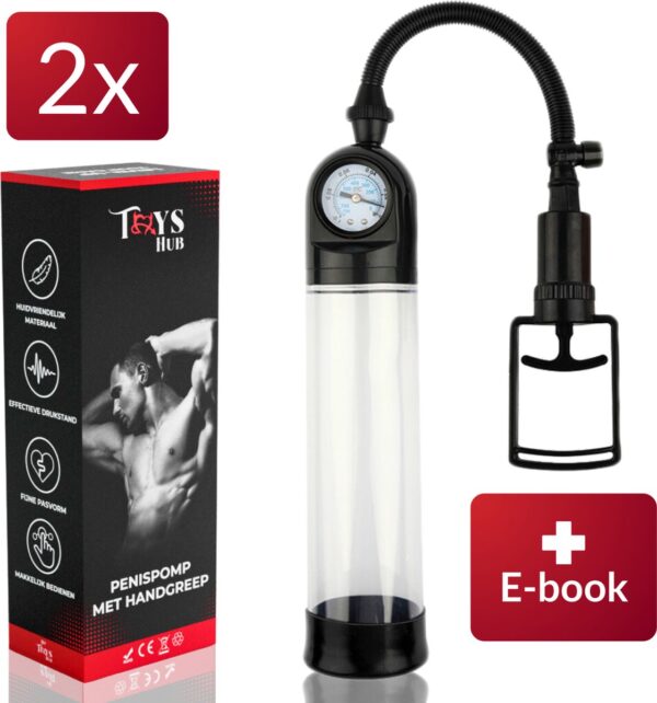 Toys Hub® DUO PACK Penispomp met Handgreep - 2 Penisringen & Gratis Ebook - Trekmechanisme - Penis Vergroter - Barometer Display - Sex Toys voor Mannen - 20CM