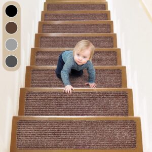 Trapmatten, 76 x 20 cm, 15 stuks, antislip traptreden voor houten treden, trapbescherming, traptapijt voor binnen, voor kinderen, ouderen en honden, bruin