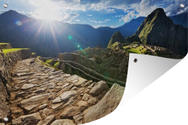 Tuindecoratie Avondzonnestraal over Machu Picchu Peru - 60x40 cm - Tuinposter - Tuindoek - Buitenposter