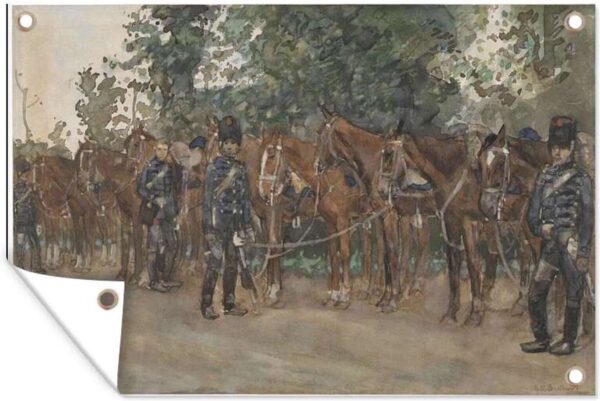 Tuindecoratie Huzaren staande naast hun paarden langs de kant van de weg - Schilderij van George Hendrik Breitner - 60x40 cm - Tuinposter - Tuindoek - Buitenposter