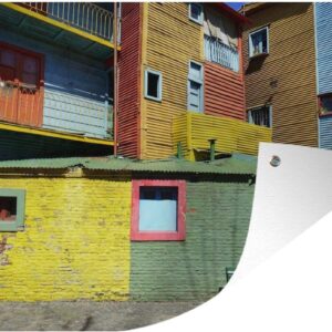 Tuindecoratie Kleurrijke geschilderde huizen gemaakt van een golfplaat ijzer in la Boca - 60x40 cm - Tuinposter - Tuindoek - Buitenposter