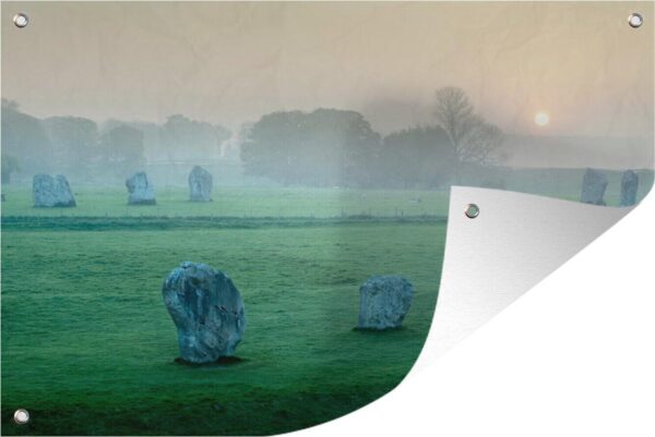 Tuindecoratie Oude stenen cirkel bij zonsopkomst in het Engelse Avebury - 60x40 cm - Tuinposter - Tuindoek - Buitenposter