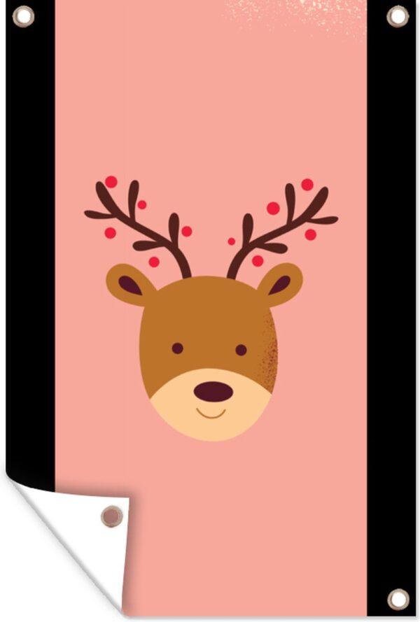 Tuindecoratie Rendier - Kerst - Roze - Kerstmis - Winter - 40x60 cm - Tuinposter - Tuindoek - Buitenposter