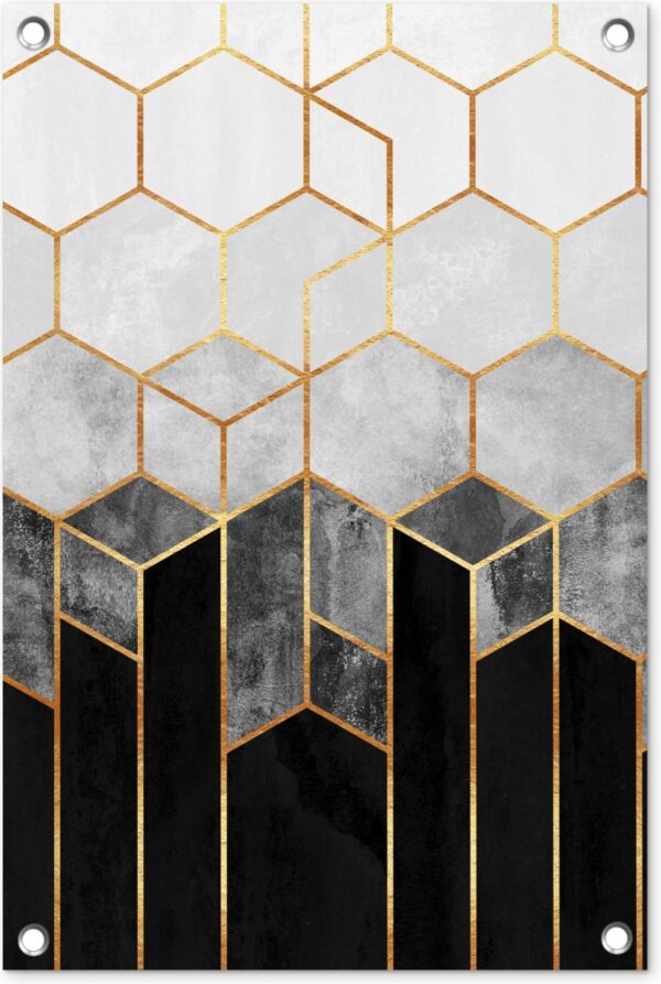 Tuinposter - Luxe - Design - Hexagon - Patroon - Vormen - Goud - Tuindecoratie wanddecoratie - Tuinposters buiten - 40x60 cm - Tuindoek - Buitenposter