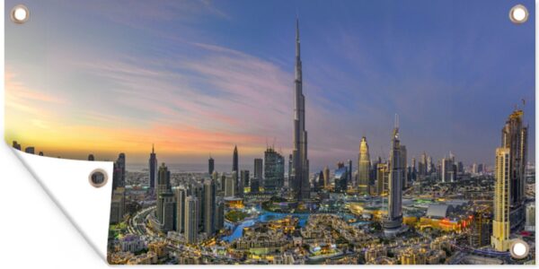 Tuinposter Mooie panorama van Dubai met de Burj Khalifa - 60x30 cm - Tuindoek - Buitenposter