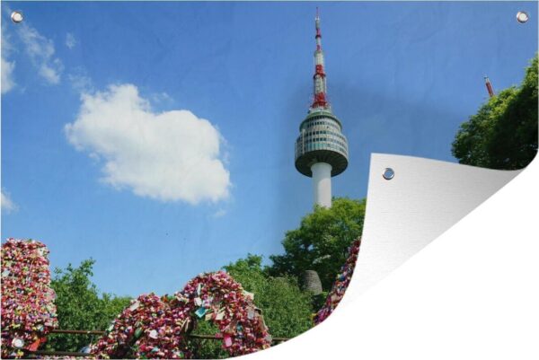 Tuinposter - Tuindoek - Tuinposters buiten - N-Seoul Tower - Bloem - Toren - 120x80 cm - Tuin