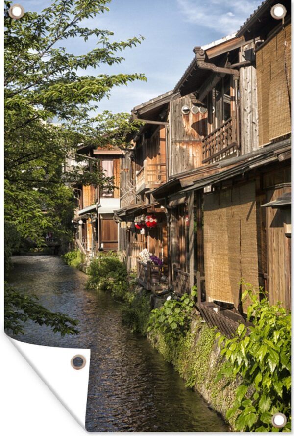 Tuinposter - Tuindoek - Tuinposters buiten - Traditionele huizen langs het kanaal bij Kioto in Japan - 80x120 cm - Tuin