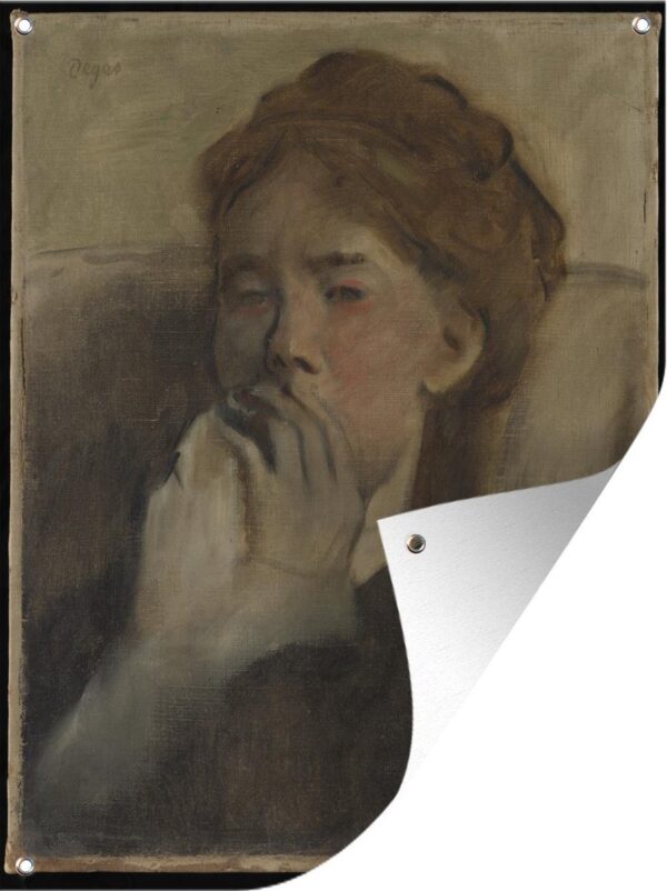 Tuinschilderij Jonge vrouw met haar hand over haar mond - Schilderij van Edgar Degas - 60x80 cm - Tuinposter - Tuindoek - Buitenposter