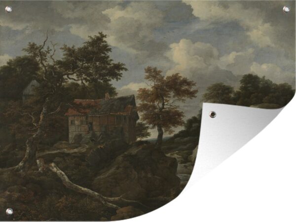 Tuinschilderij Rotsachtig landschap - Schilderij van Jacob van Ruisdael - 80x60 cm - Tuinposter - Tuindoek - Buitenposter