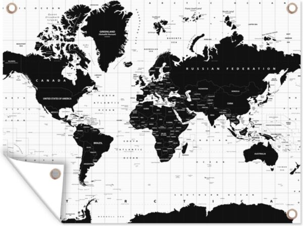 Tuinschilderij Wereldkaart - Zwart - Wit - Atlas - Aarde - Educatief - 80x60 cm - Tuinposter - Tuindoek - Buitenposter