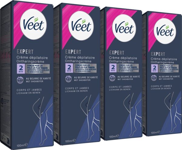 Veet Expert Ontharingscreme met sheaboter - Lichaam & benen - Alle huidtypes - 100ml - 4 stuks - Voordeelverpakking