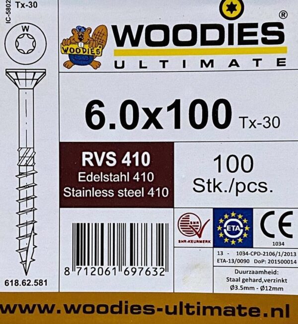 Woodies schroeven 6.0x100 RVS 410 T-30 deeldraad 100 stuks