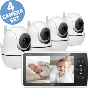 XOOZI SD4 - Babyfoon met Camera - Baby Camera - Baby Monitor - Babyphone - 5 Inch - Split Screen - Vox Modus - 8 Slaapliedjes - Handige Zwanenhals - Complete Set Voor 4 Kinderen - Zonder Wifi en App