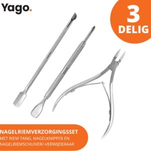 Yago 3 Delige Nagel Verzorgingsset | Nagelknipper | Cuticle Pusher | Verwijderaars | Trimmer | Mesje | Set | Cuticle Pusher | Bokkenpootje voor nagels| Manicure | Pedicure | Nagelriemverzorging | Hand & Voet | Persoonlijke verzorging