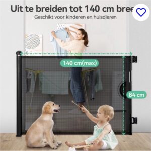 ZIZA Oprolbaar Traphekje met Vergrendeling Indicator - Tot 140cm Breed - Veiligheidshekje voor Baby Kinderhekje Hondenhek - Zwart