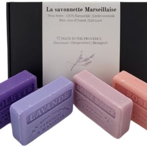 Zeep brievenbuscadeau: Lavendel, Ambre Boisée, Roos, Violet savon de marseille zepen - cadeau voor vrouw - moederdag geschenkset