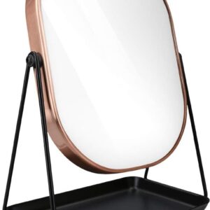 make-up spiegel met sieradenschaal koper - Tafelspiegel zwart koper - Staande make up spiegel met accessoireschaalje - Roterende opmaakspiegel
